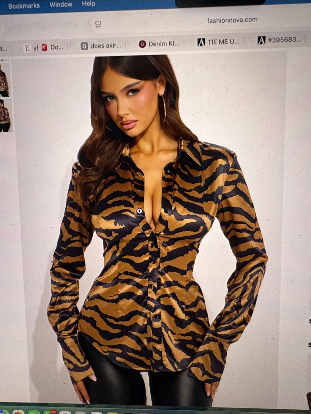 Fashion Nova Tiger-Print Satin Button Down Shirt - Brown & Black